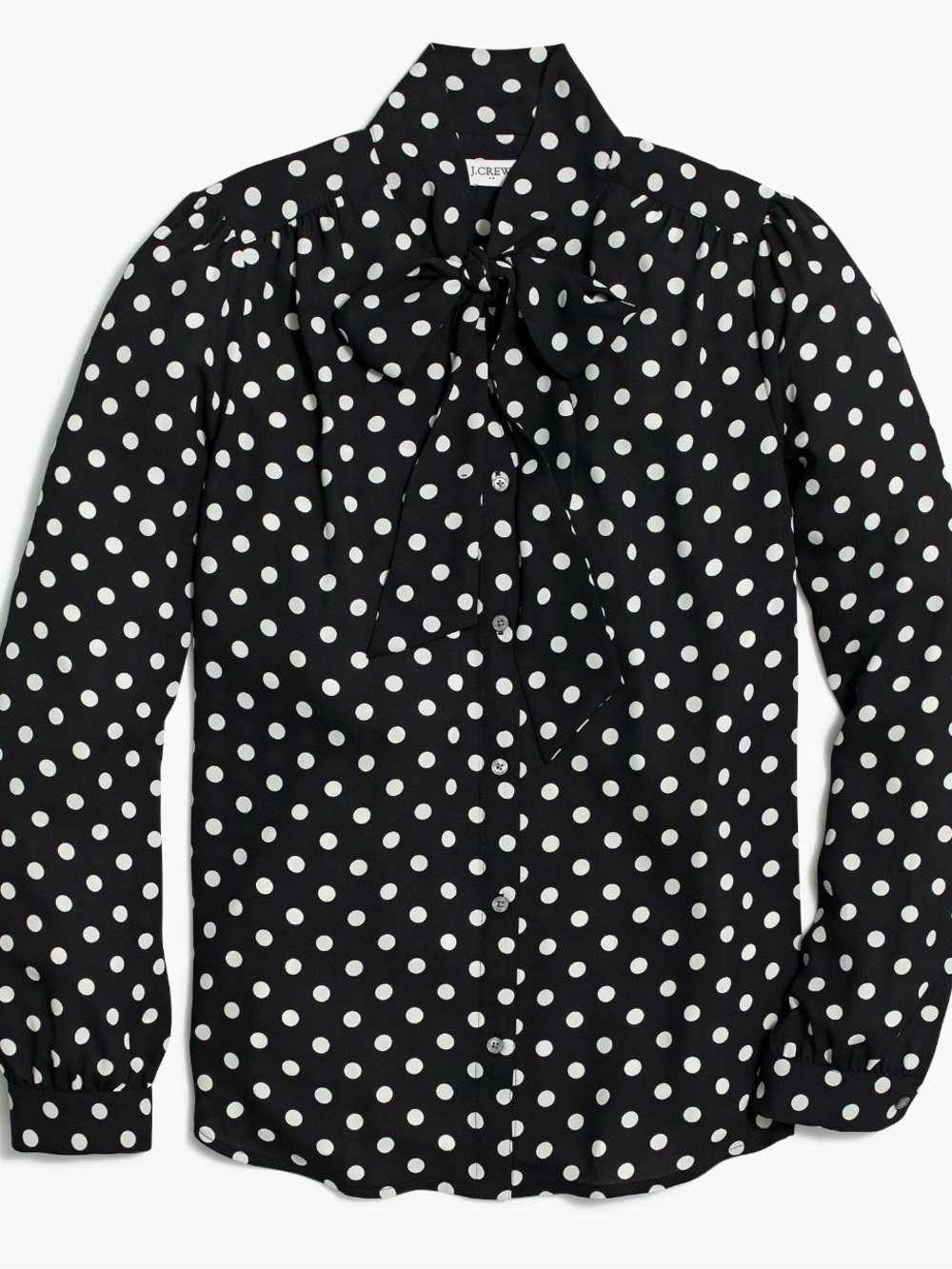 J. Crew Black and White Polka Dot Tie Neck Button Down Blouse, Size Medium